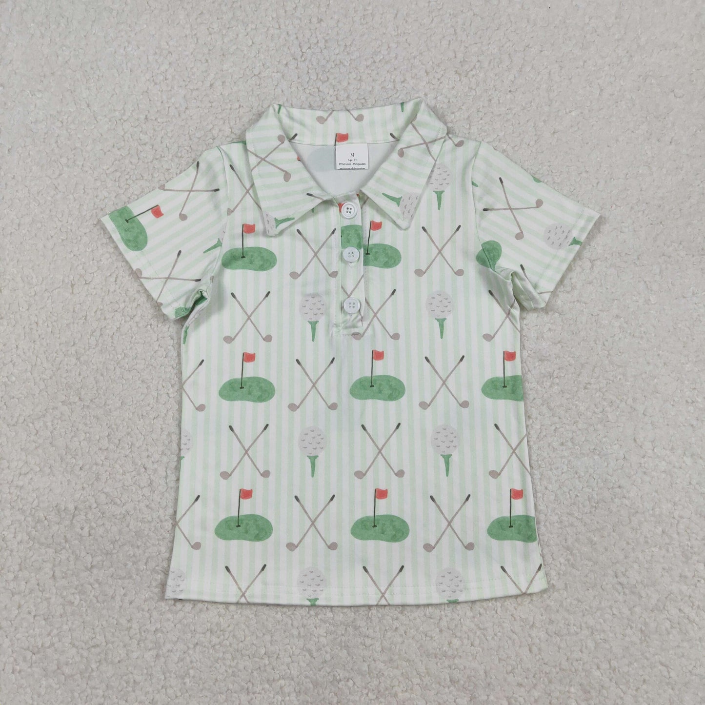 BT1584 Baby Boys Short Sleeve Green Stripe Golf Flags Button Polo Shirts Top