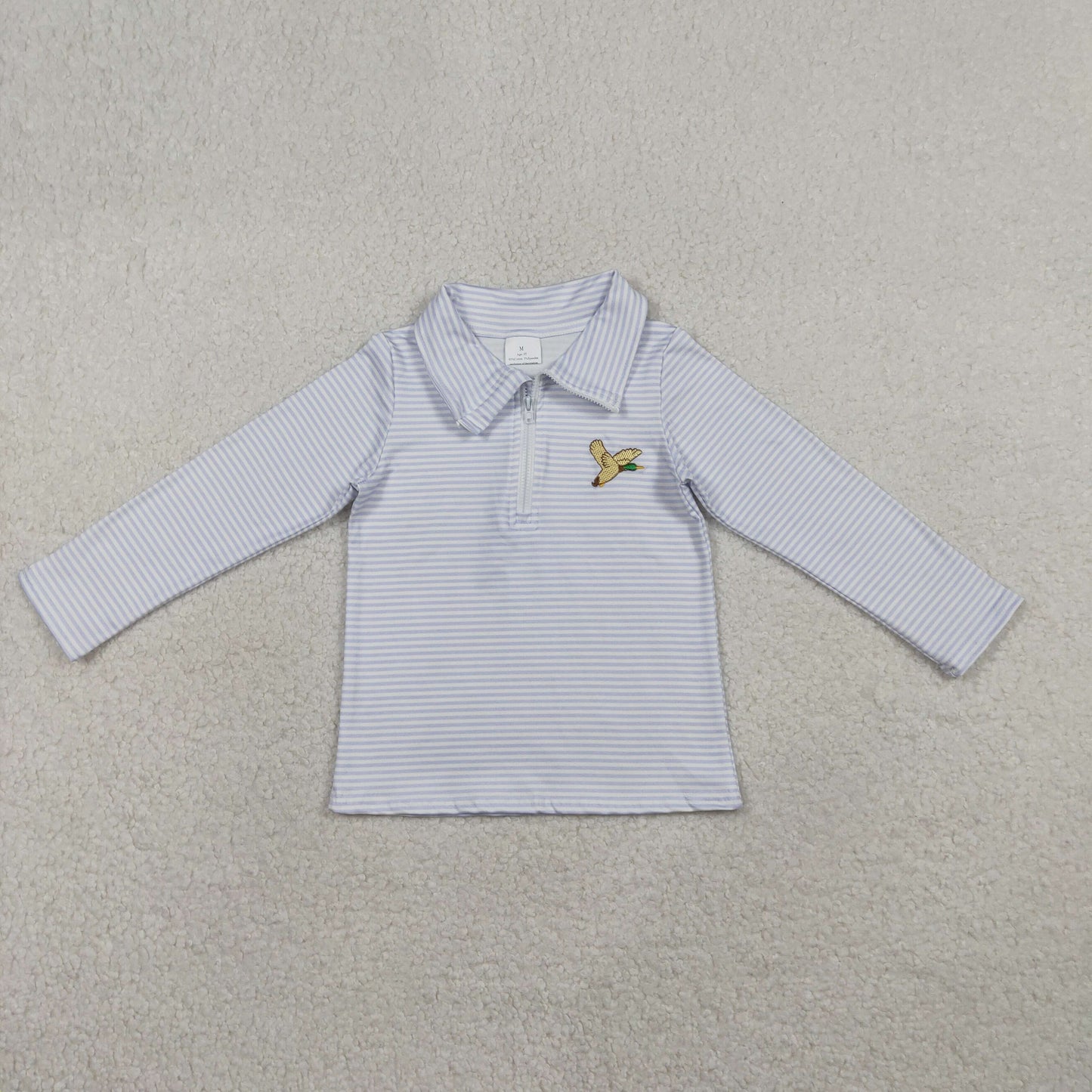 BT1638 Baby Boys Grey Stripe Embroidery Ducks Hunting Zipper Pullovers Top