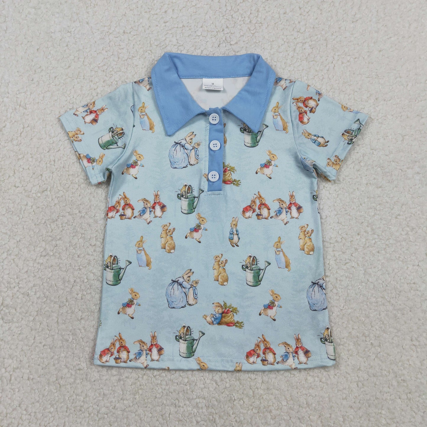 BT1665 Baby Boys Blue Short Sleeve Rabbits Eggs Easter Button Polo Shirts Top