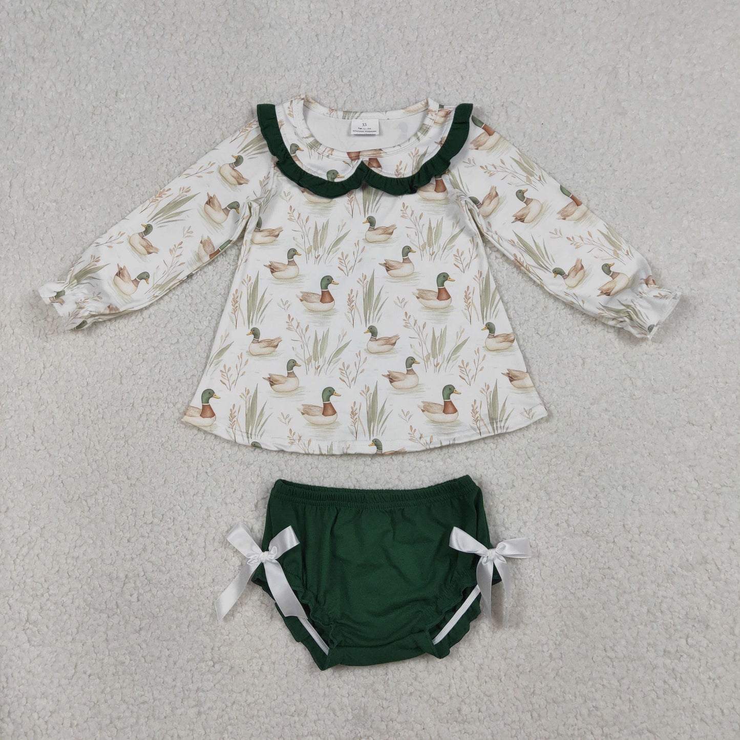 GBO0482 Baby Girls Long Ruffle Sleeve Ducks Collar Tunic Bummies Hunting Clothes Sets