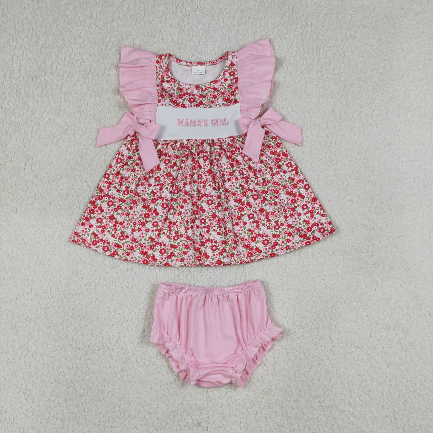 Sibling Embroidery Mama's Girl Flowers Tunic Ruffle Bummies Short Clothes Set Rompers