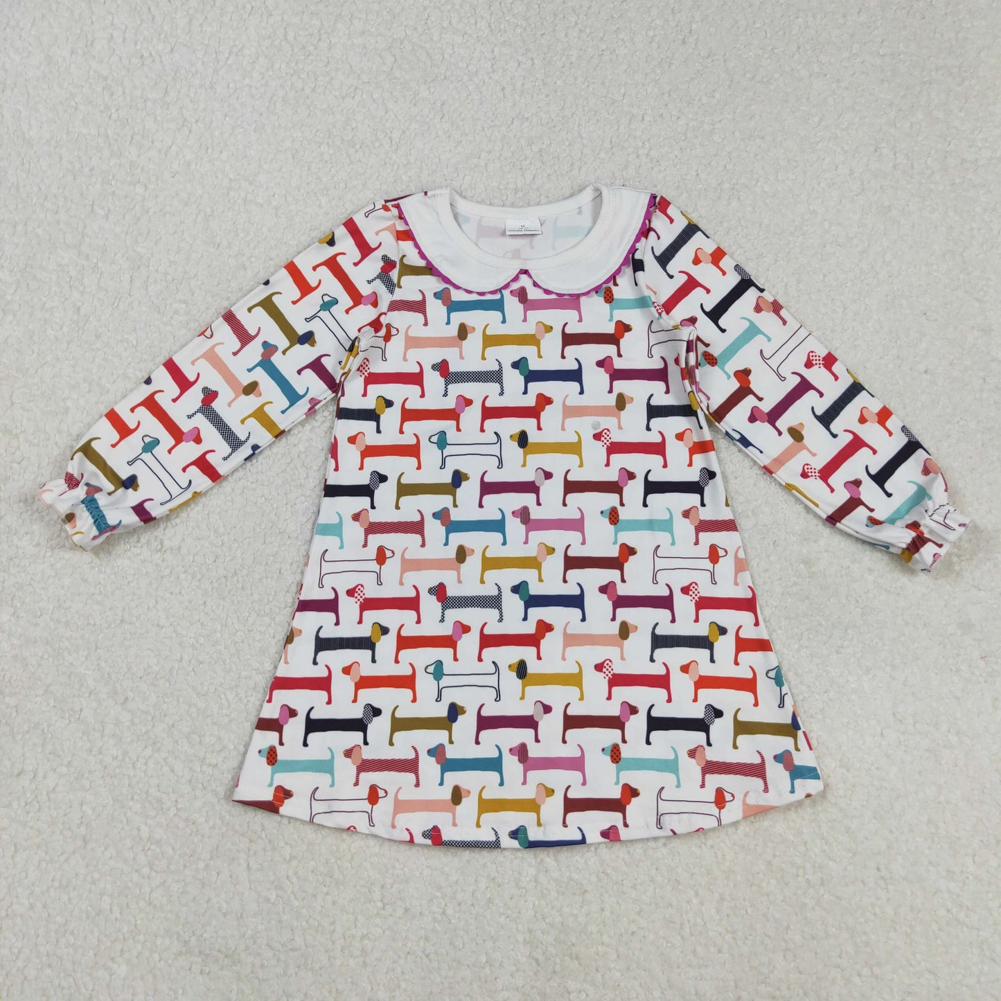 GLD0471 Baby Girls Colorful Dogs Plaid Ruffle Sleeve Collar Knee Length Dresses