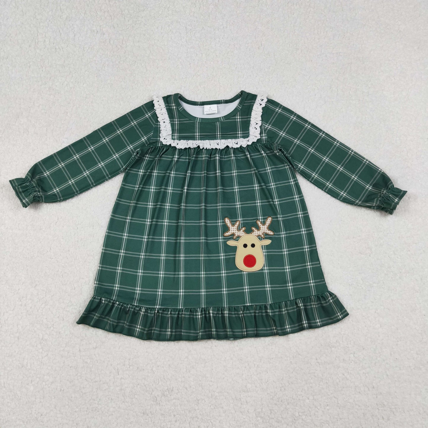 Embroidery Deer Mama and Me Green Checked Christmas Sleep Wear Pajamas Ruffle Dresses
