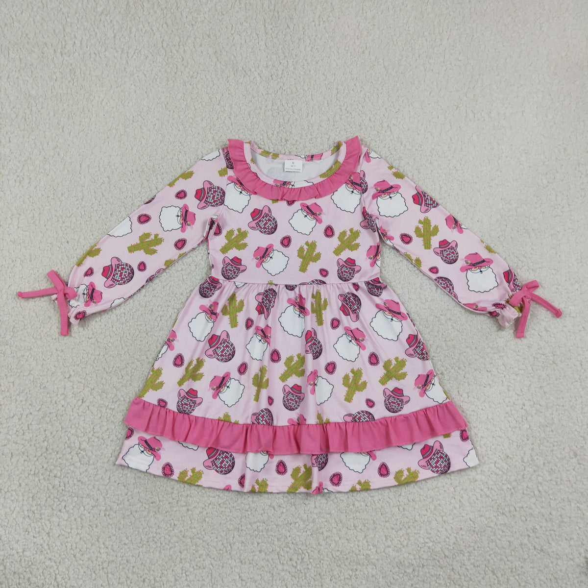 GLD0753 Baby Girls Long Sleeve Santa Cactus Christmas Ruffle Knee Length Dress