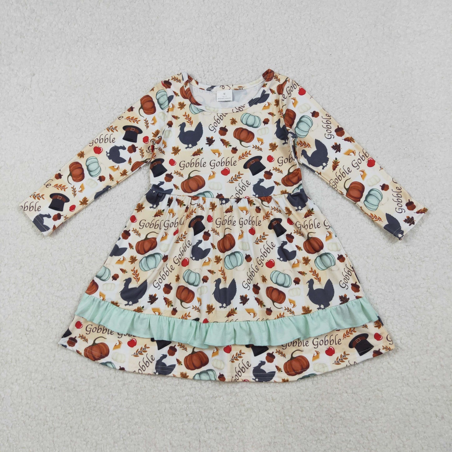 GLD0789 Baby Girls Turkey Pumpkins Thanksgiving Ruffle Knee Length Dresses