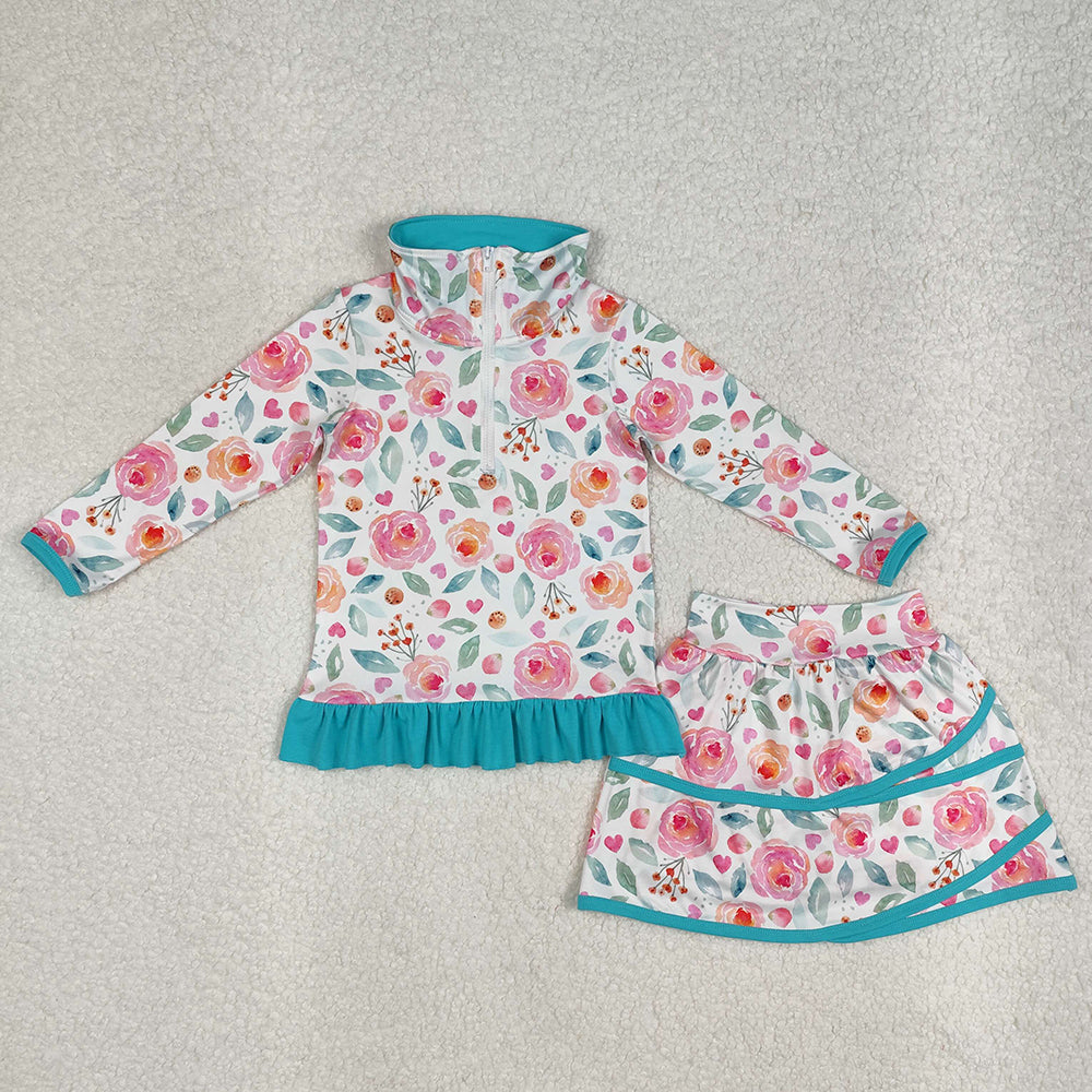 Sibling Baby Girls Flowers Zip Top Skirt Ruffle Skort Bottoms Sets