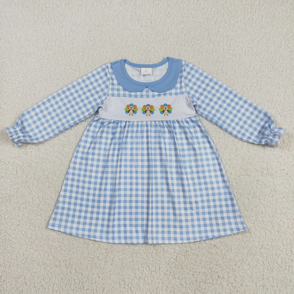 GLD1070 Thanksgiving Blue Checkered Turkey Baby Girls Embroidery Dresses