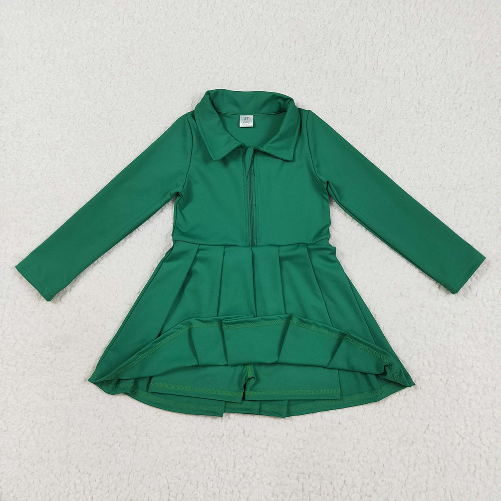 GLD1148 toddler girl clothes Green Long Sleeve Zip athletic yoga Pleated dresses