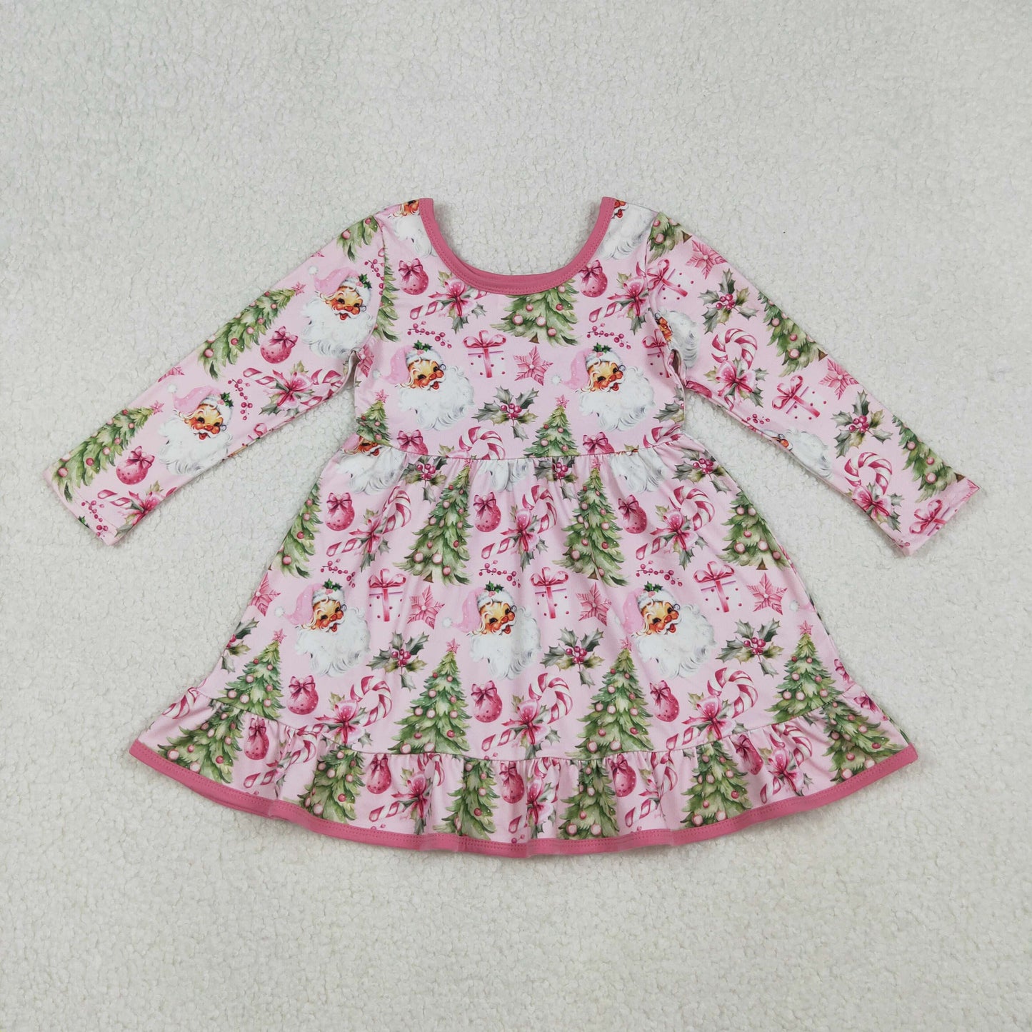 GLD1252 Baby Girls Santa Candy Cane Trees Christmas Ruffle Knee Length Dresses