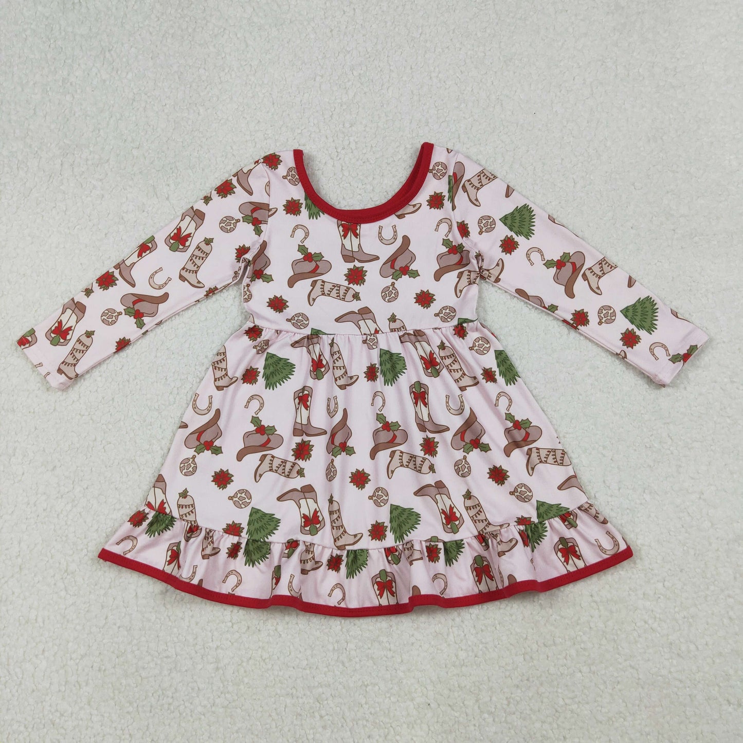 GLD1274 Baby Girls Hats Boots Holly Christmas Ruffle Knee Length Dresses