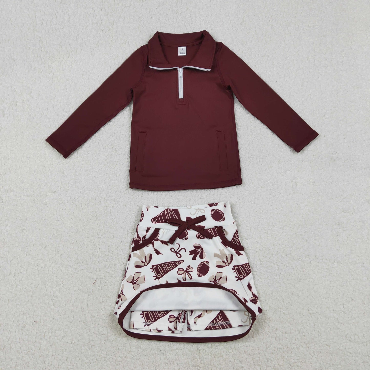 GLD1384 Baby Girls Dark Red Zip Pullovetrs Go Team Skirt Shorts Yoga Active Clothes Sets