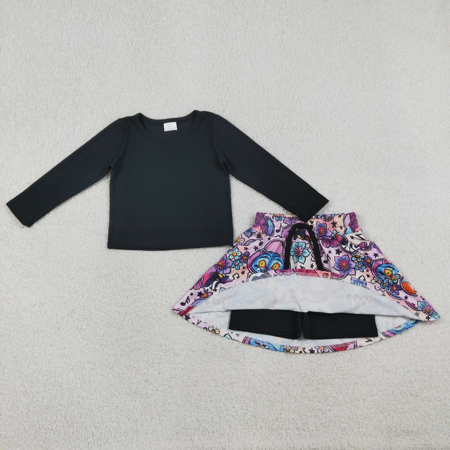 GLD1425 Baby Girls Black Long Sleeve Shirt Top Demon Hunter Flowers Skirt Shorts Clothes Set