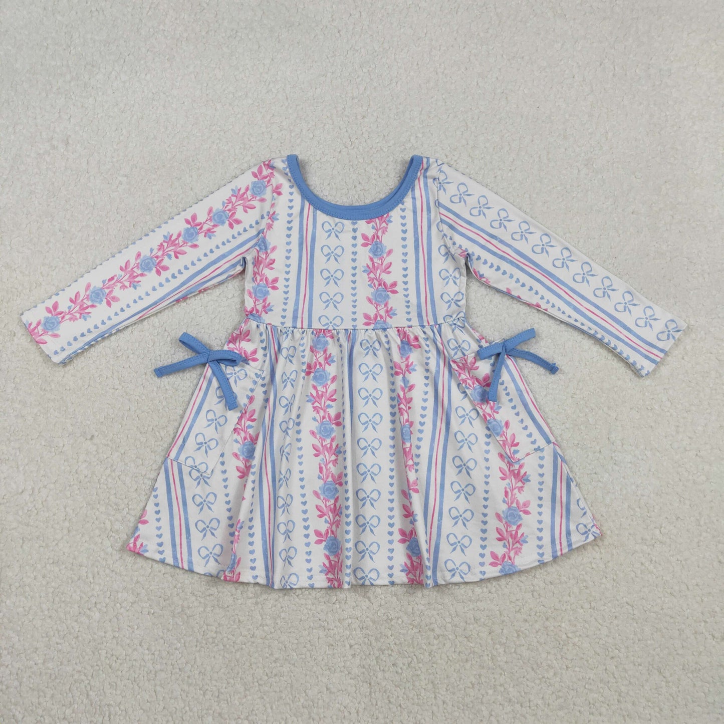 GLD1427 Baby Girls Bows Flowers Stripe Pockets Knee Length Dresses
