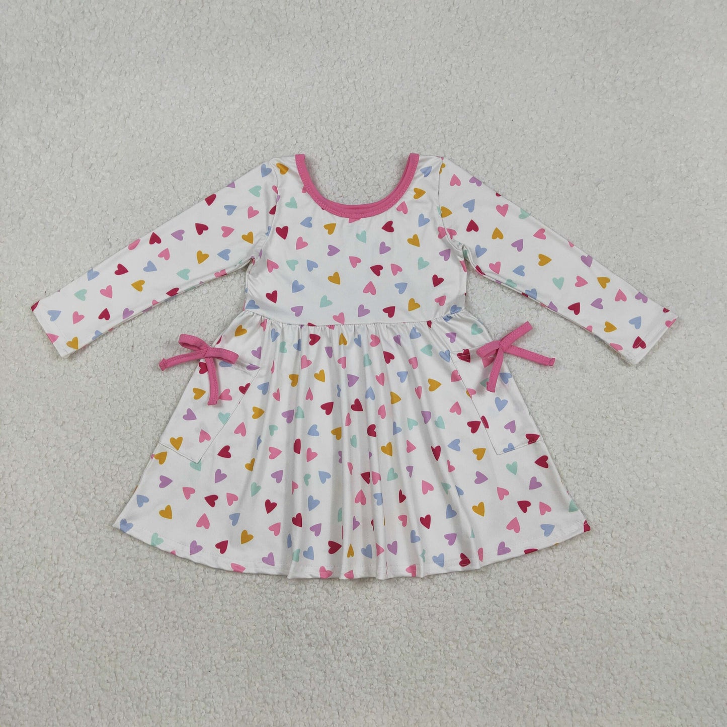 GLD1428 Baby Girls Colorful Hearts Pockets Valentines Knee Length Dresses