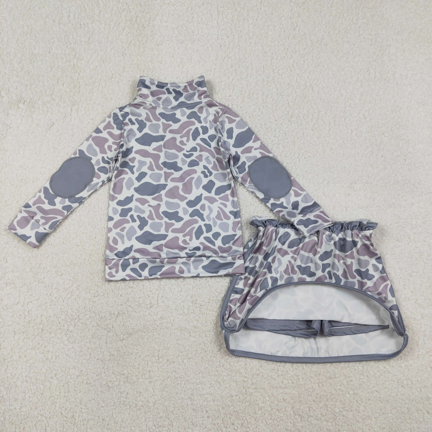 GLD1548 Baby Girls Southern Light Grey Camo Zip Pullovers Top Skirt Short Clothes Sets