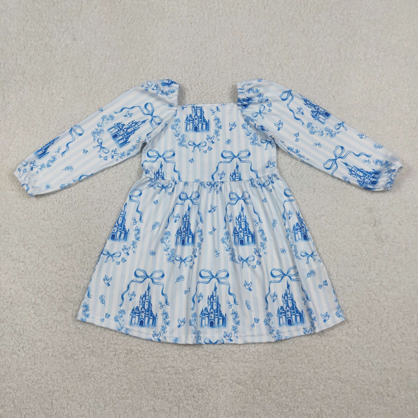 GLD1567 Baby Girls Long Ruffle Sleeve Blue Stripe Bows Castles Knee Length Dresses