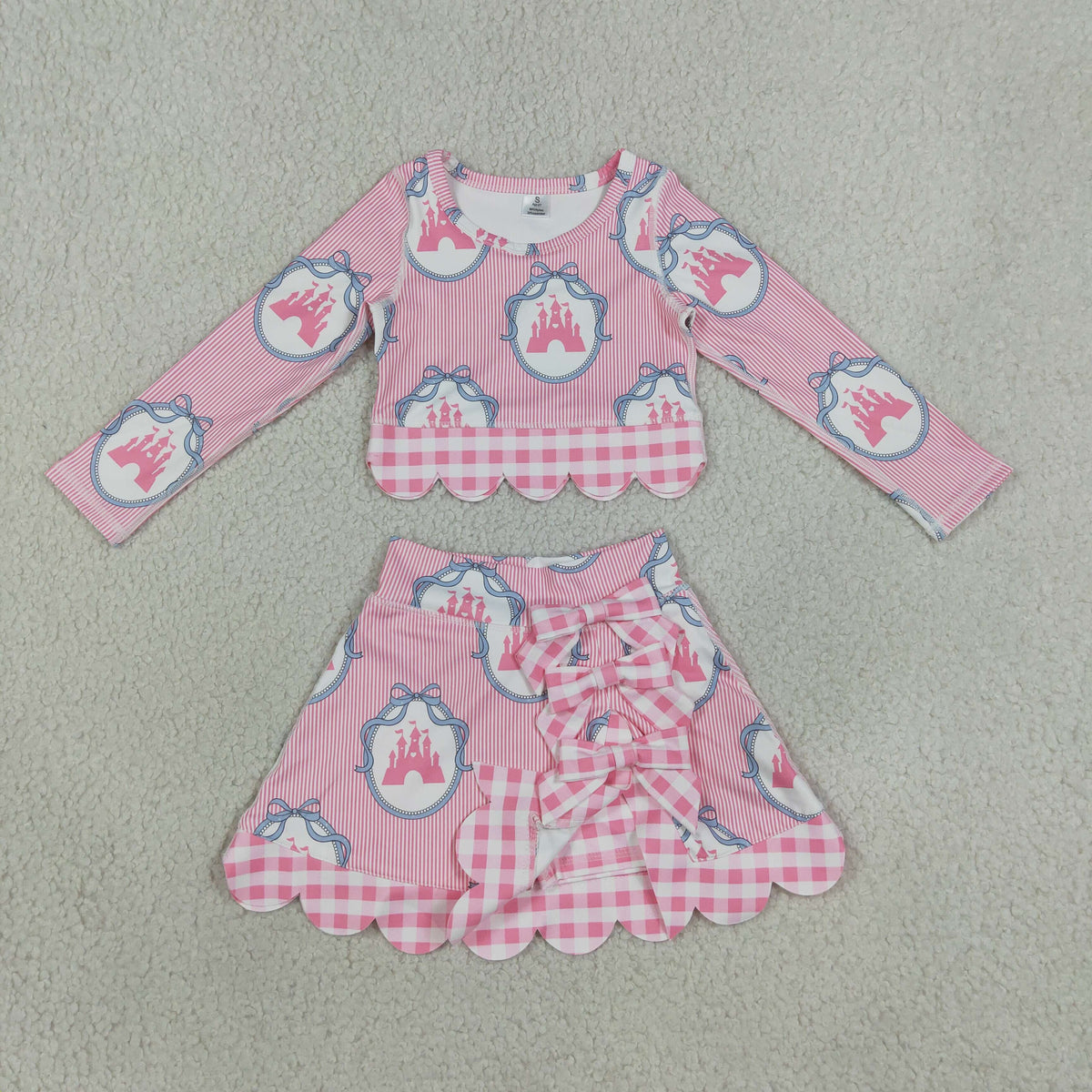 GLD1601 Baby Girls Pink Stripe Castles Long Sleeve Bows Skirt Short Yoga Active Scallop Set