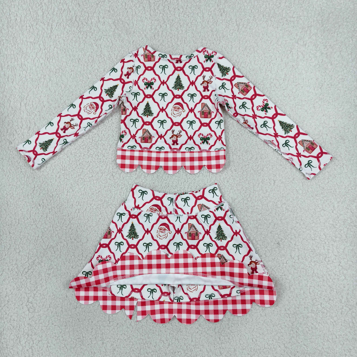GLD1676 Baby Girls Bows Santa Long Sleeve Bows Skirt Short Yoga Active Christmas Scallop Set