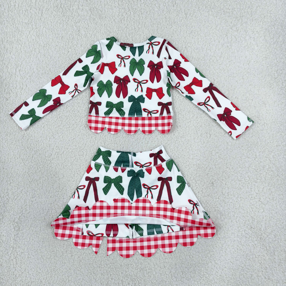 GLD1677 Baby Girls Red Green Bows Long Sleeve Bows Skirt Short Yoga Active Christmas Scallop Set