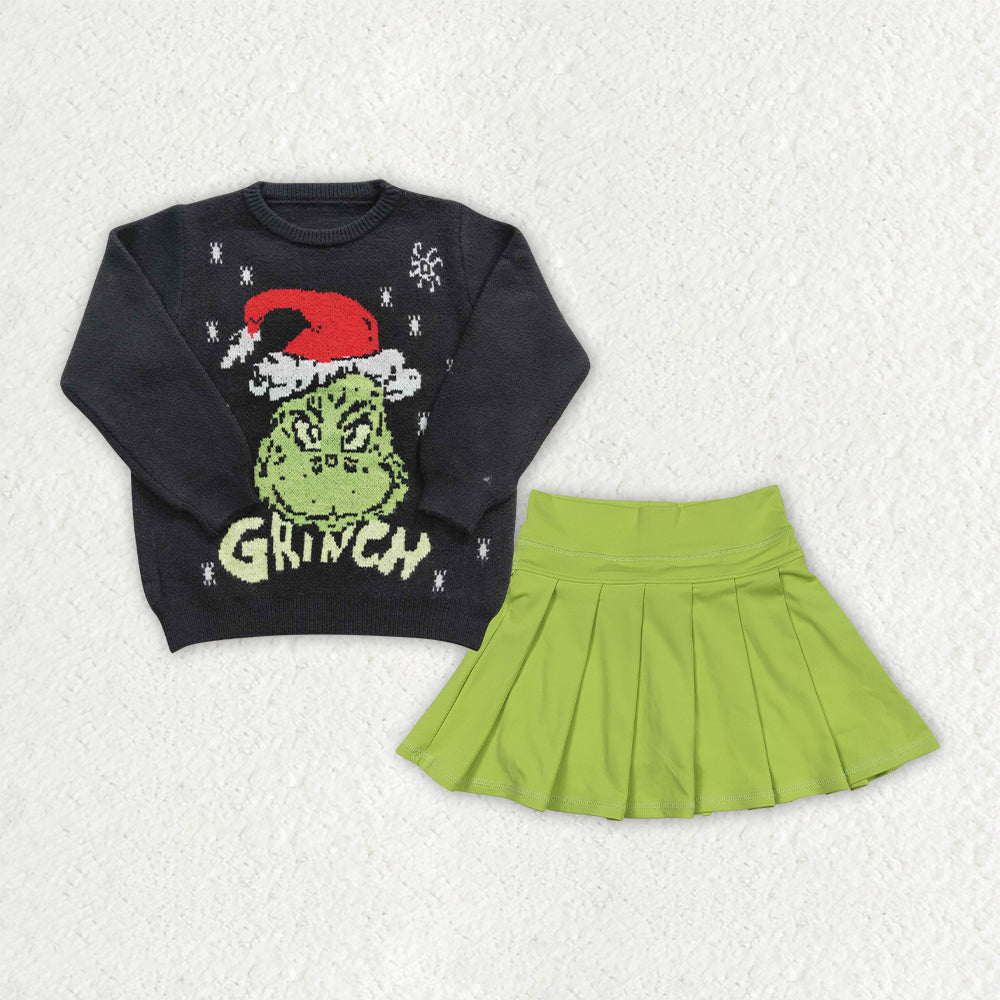 GLD1721 Baby Girls Christmas Black Frog Woolen Sweaters Top Yoga Active Green Pleated Skirt Short Clothes Set