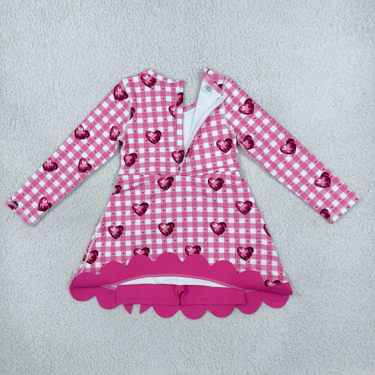 GLD1750 Baby Girls Pink Checked Hearts Long Sleeve Yoga Active Short Valentines Bows Scallop Dress