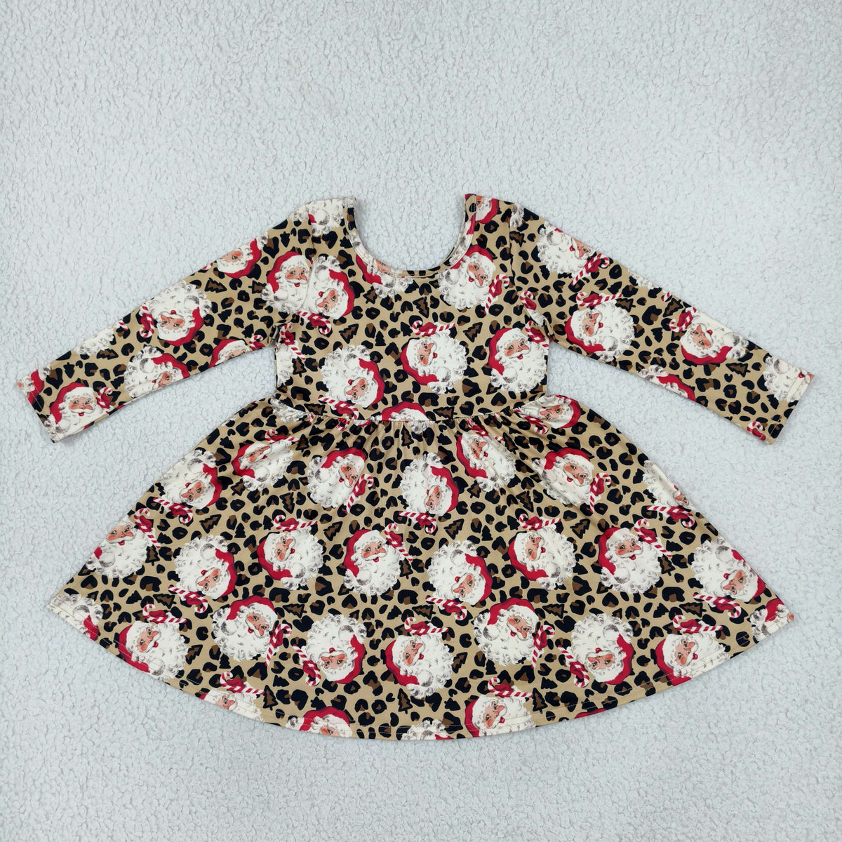 GLD1761 Baby Girls Long Sleeve Leopard Santa Christmas Knee Length Dress