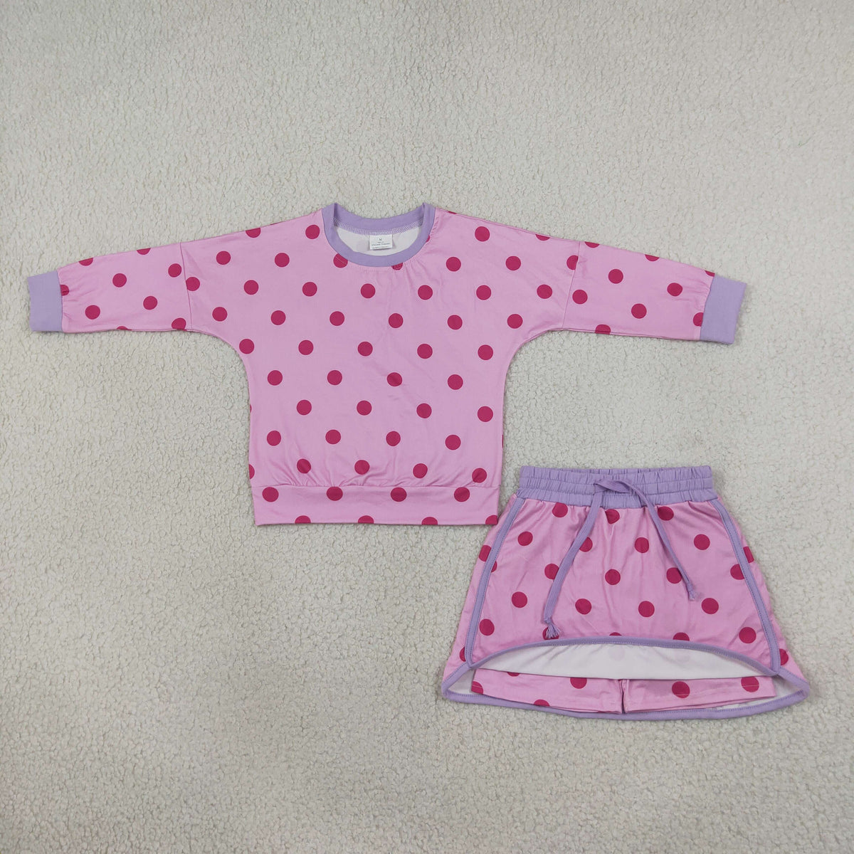GLD1763 Baby Girls Long Sleeve Pink Lavender Polka Dots Top Skirt Short Clothes Set