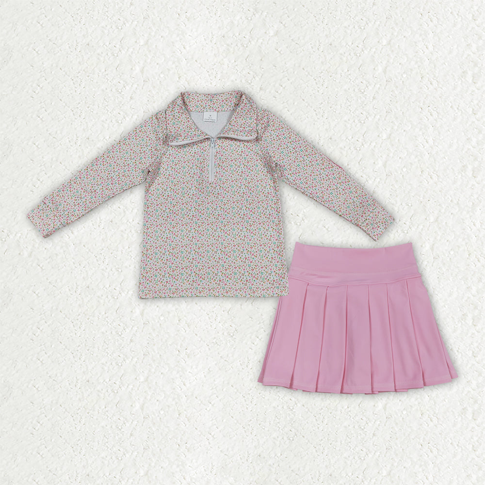 GLD1814 Baby Girls Pink Small Flowers Zip Pullover Yoga Active Skirt Shorts Clothes Sets