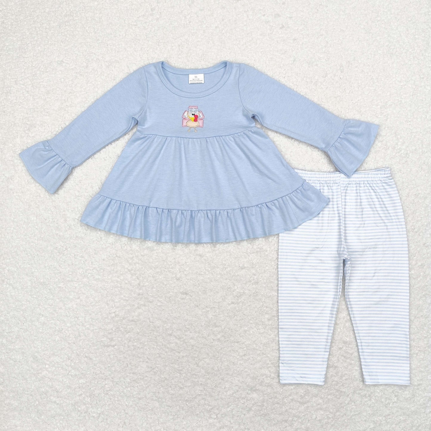 Sibling Baby Girls Embroidery Turkey Long Ruffle Sleeves Pants Thanksgiving Clothes Sets