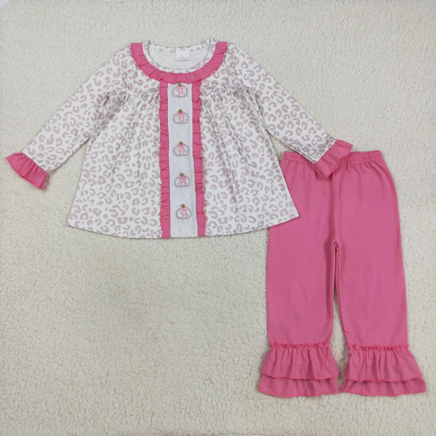 GLP2353 Baby Girls Embroidery Bows Pumpkins Leopard Tunic Ruffle Pants Fall Clothes Sets
