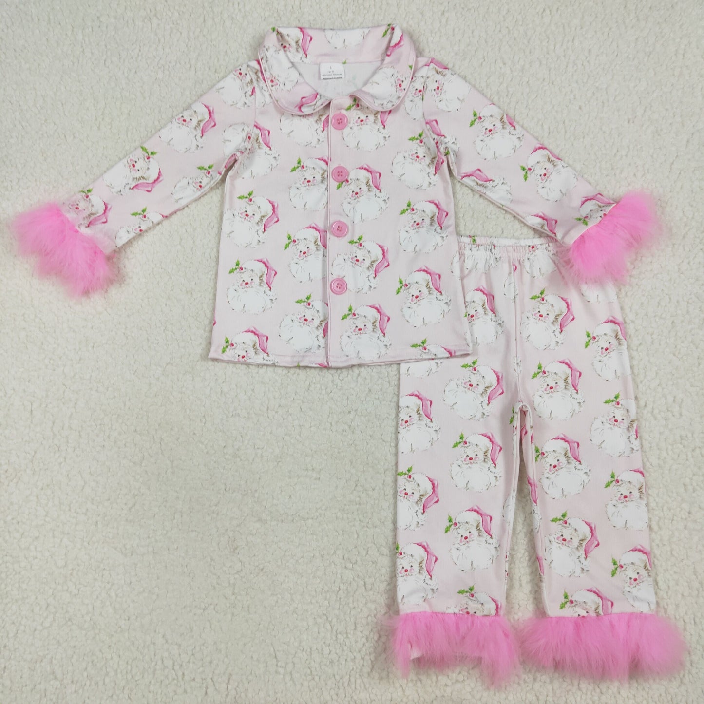 Sibling Baby Girls Christmas Fur Sleeve Bows Buttons Top Pants Pajamas Sets