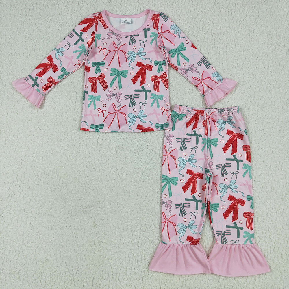 GLP2413 toddler girls clothes pink green bows pajamas sets