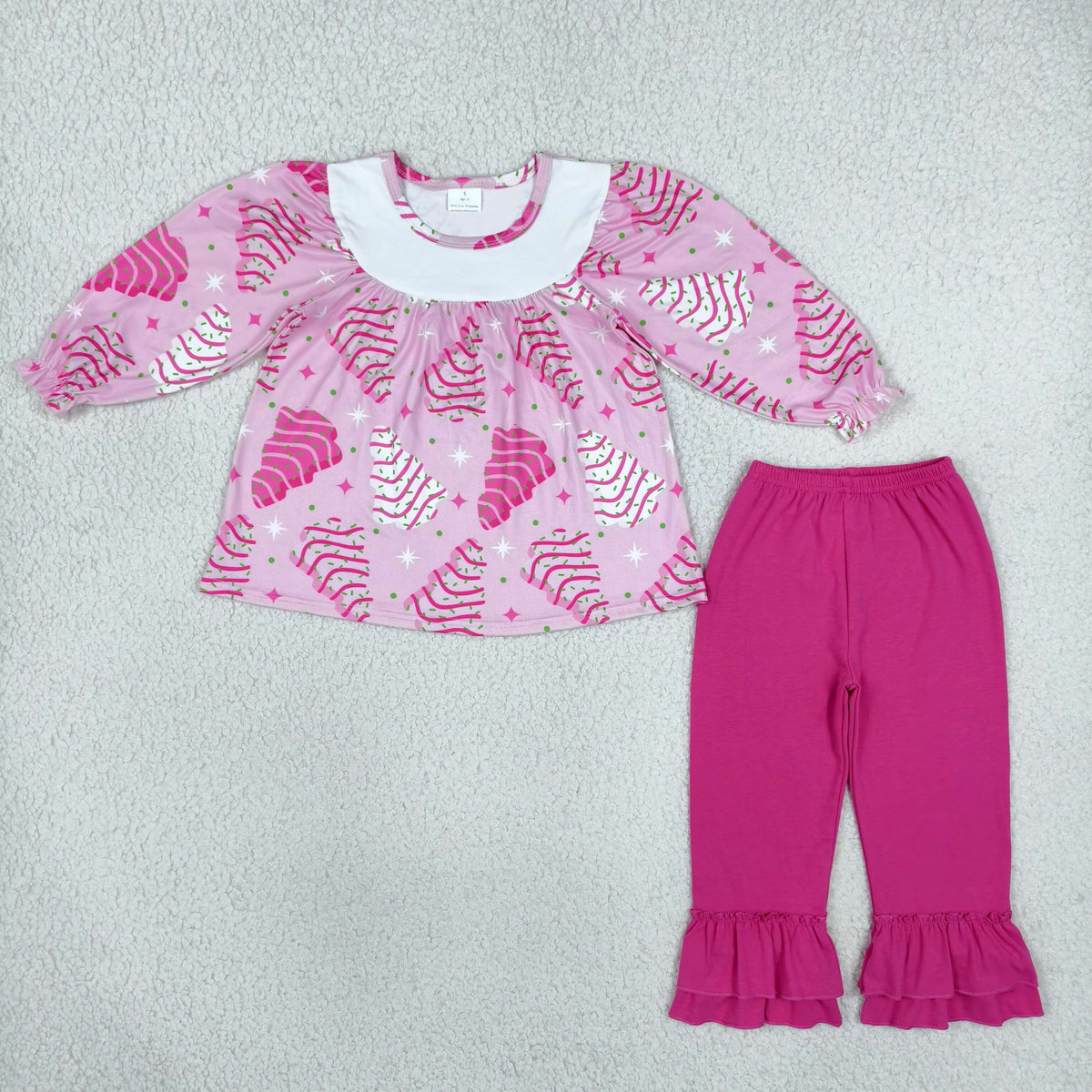 GLP2502 Baby Girls Pink Stripe Trees Tunic Ruffle Pant Christmas Clothes Set