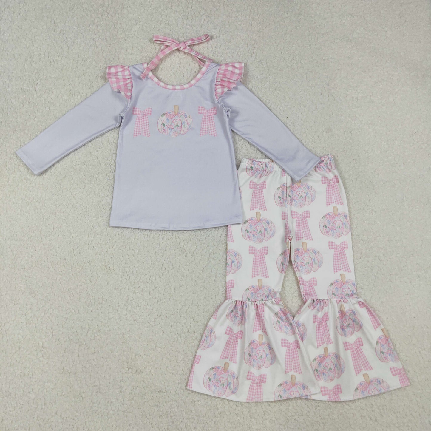 GLP2532 Baby Girls Bows Floral Pumpkins Top Bell Bottom Pants Fall Clothes Sets