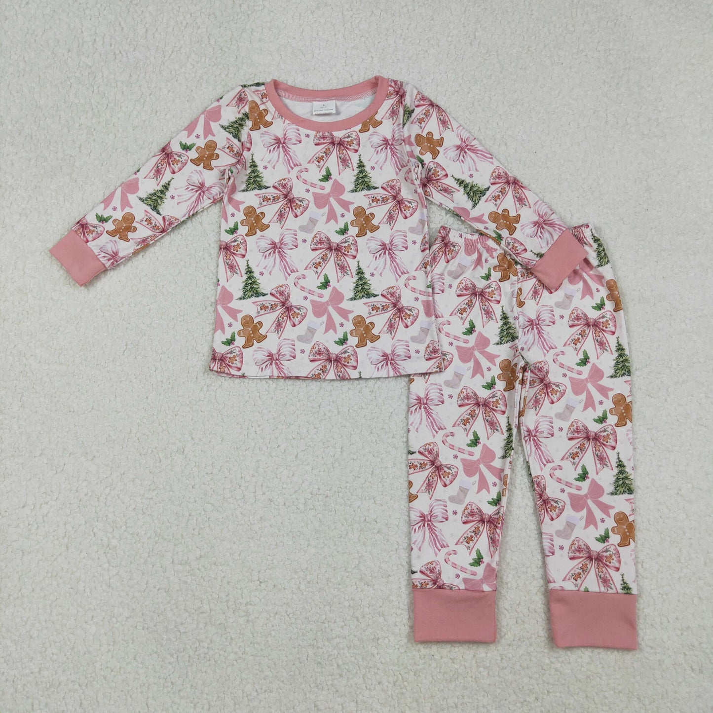 GLP2542 Baby Girls Gingerbread Bows Trees Top Pants Christmas Pajamas Sets