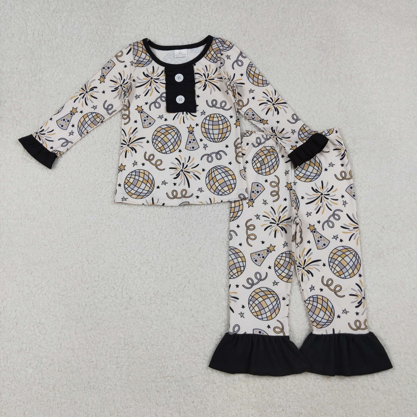 GLP2563 Baby Girls Firework Stars Button Top Ruffle Pants Happy New Year Pajamas Sets