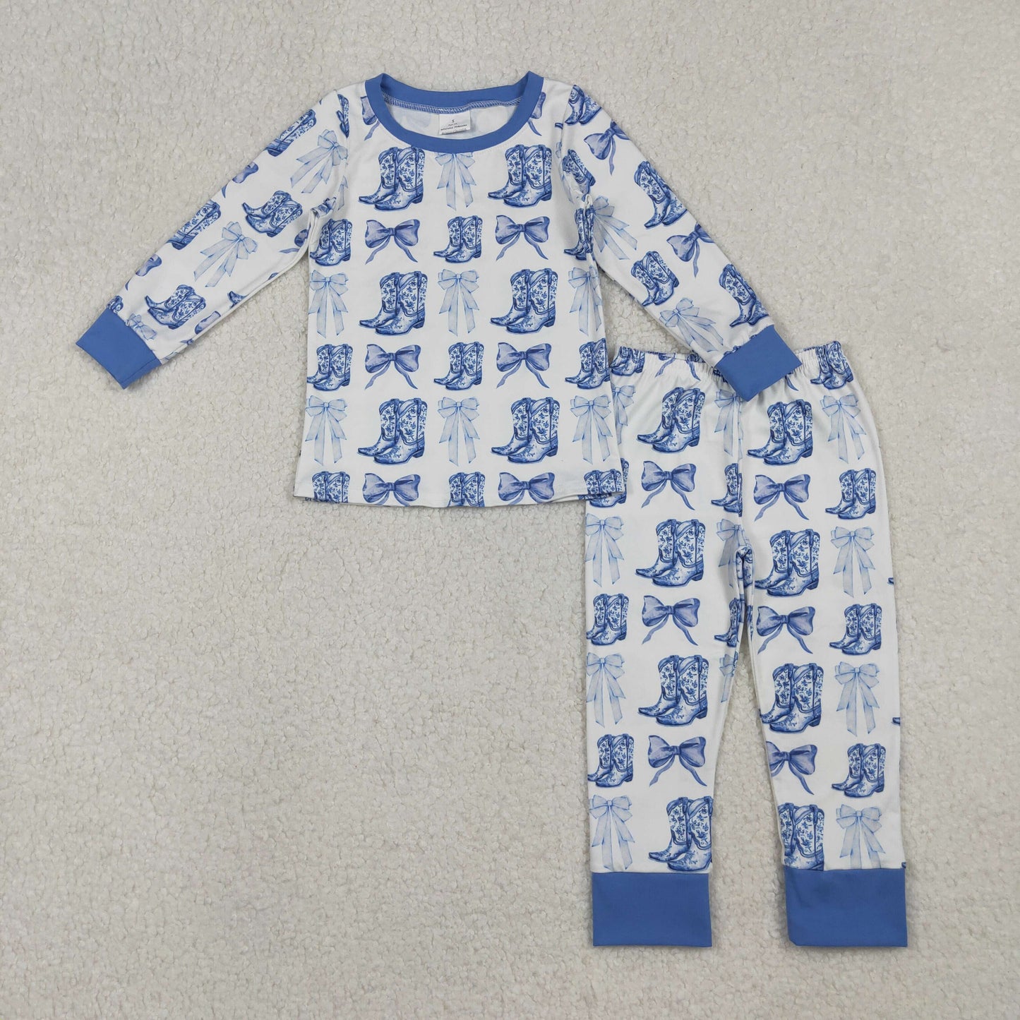 GLP2583 Baby Girls Blue Bows Boots Plaid Top Pants Western Pajamas Sets