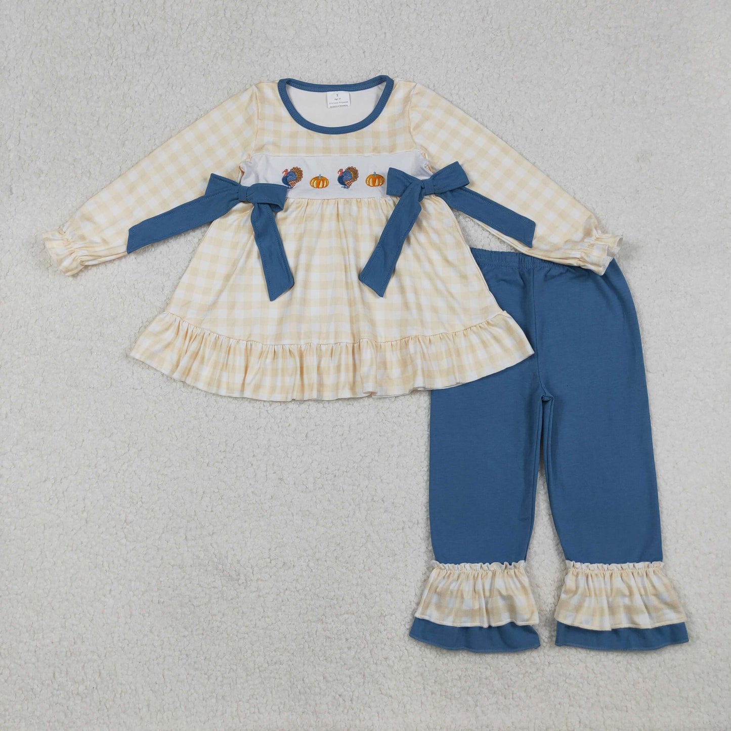 GLP2594 Baby Girls Embroidery Turkey Pumpkins Bows Tunic Ruffle Pants Thanksgiving Clothes Sets