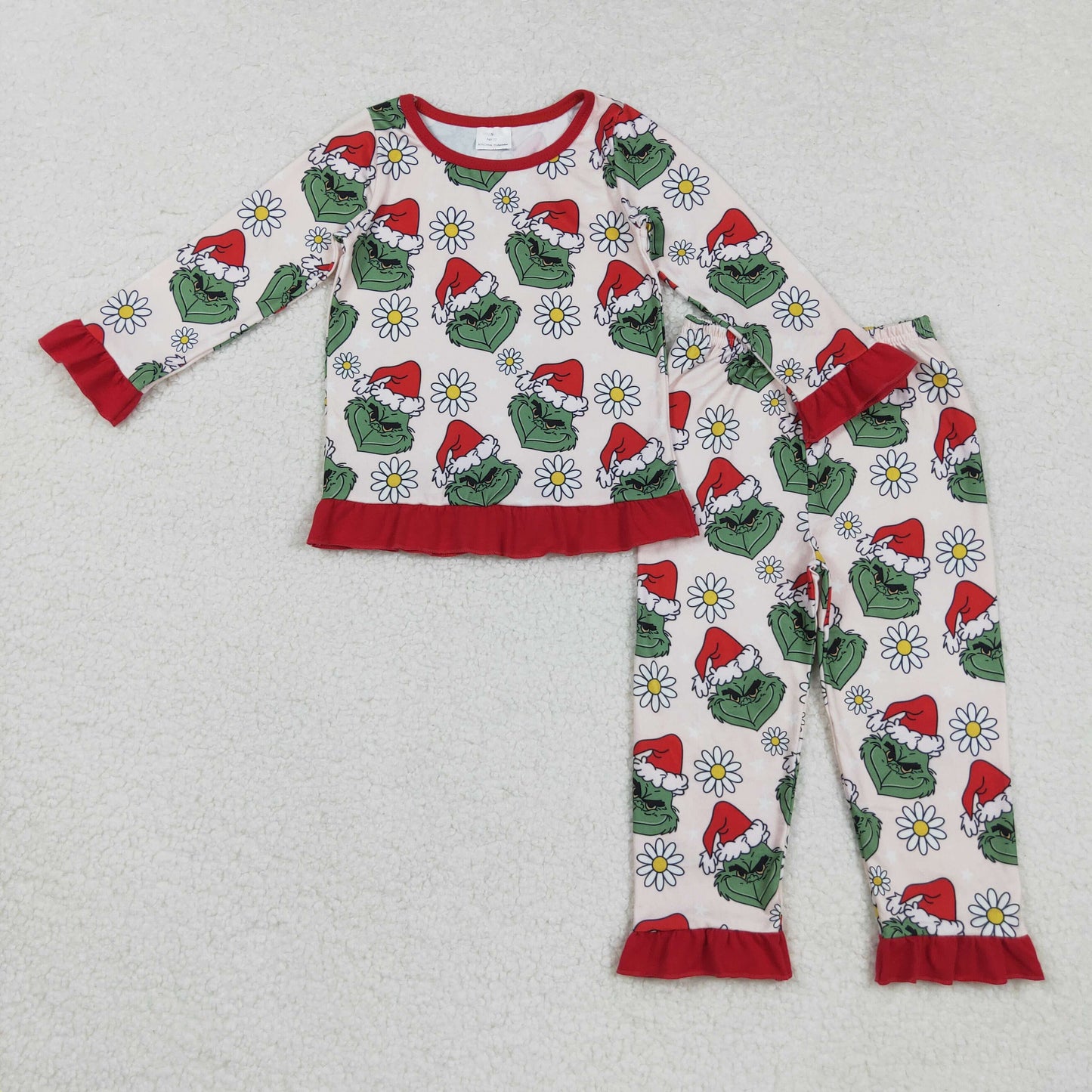 Sibling Baby Girls Christmas Green Face Daisy Pajamas Set Zipper Footie Romper Knee Length Dress