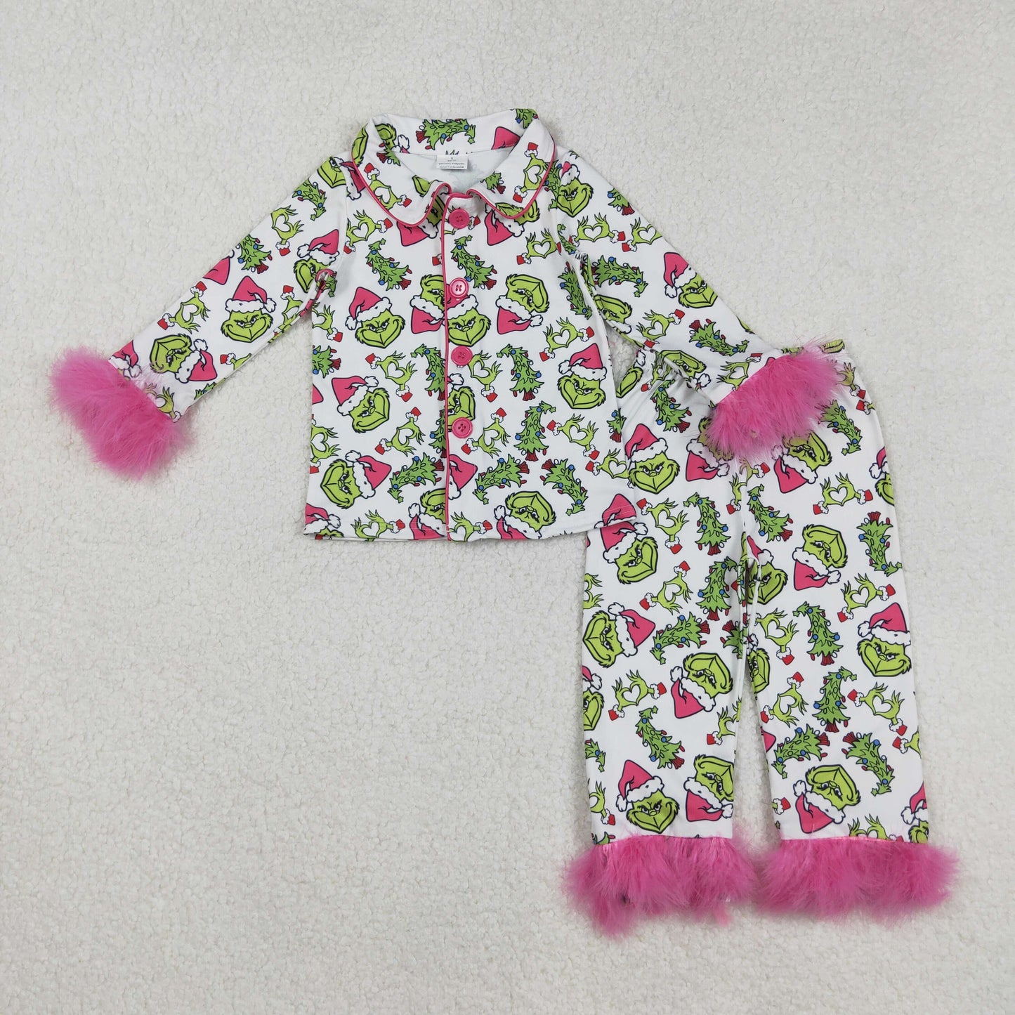 Sibling Baby Girls Sister Christmas Green Face Bows Buttons Top Pants Fur Pajamas Clothes Sets