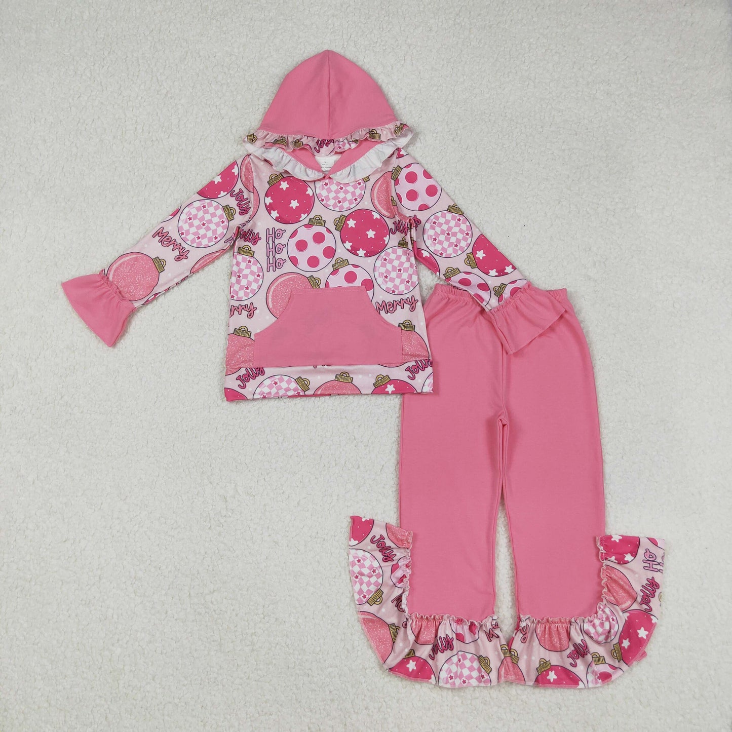 GLP2650 Baby Girls Pink Lights Plaid Pockets Hoodies Ruffle Pants Christmas Clothes Suit