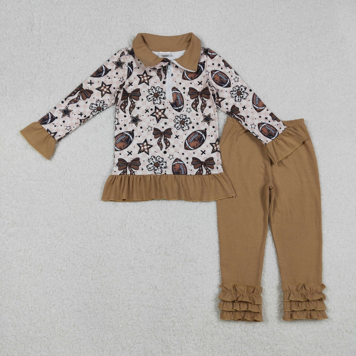 GLP2690 Baby Girls Footballs Bows Checked Zipper Pullover Ruffle Pants Team Clothes Sets