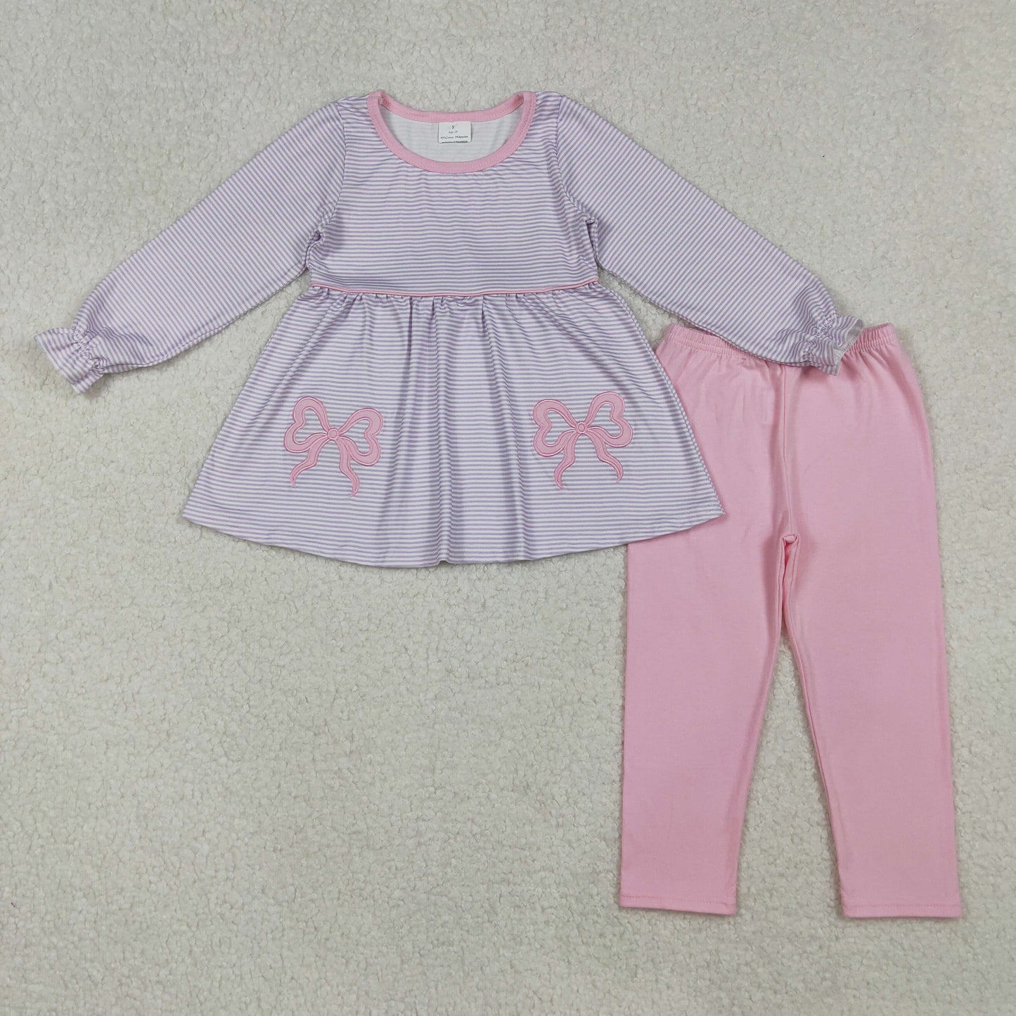 GLP2696 Baby Girls Embroidery Bows Stripe Tunic Leggings Pant Valentine Clothes Sets