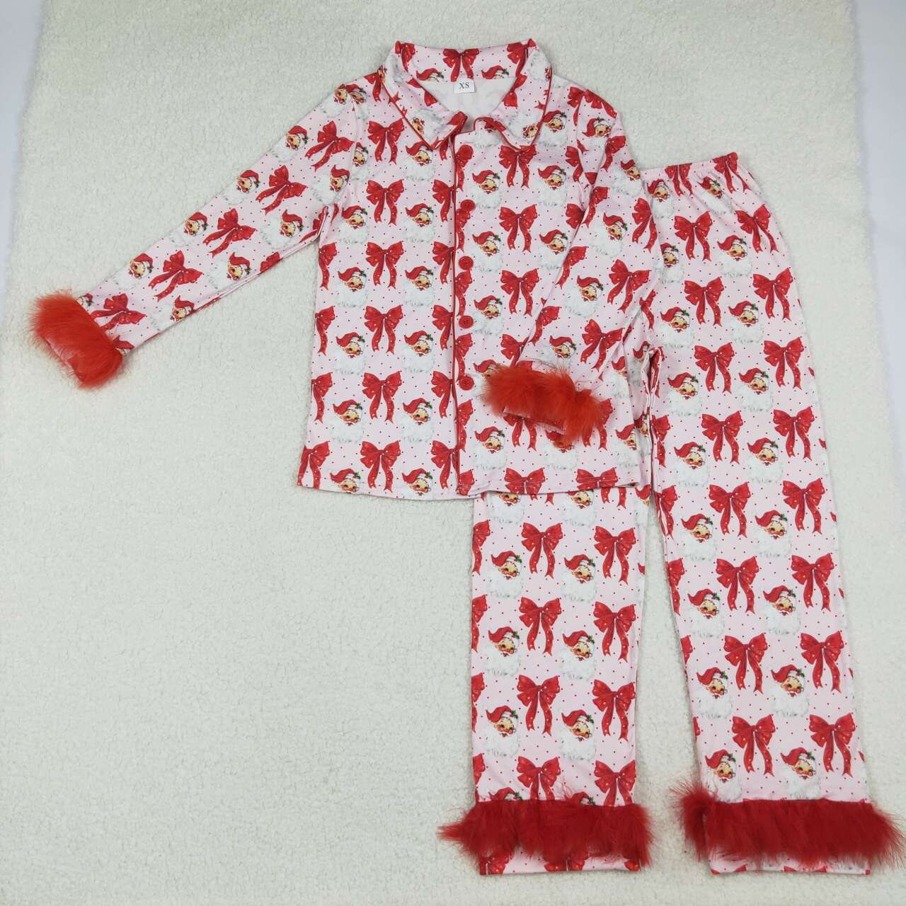 GLP2715 Adult Women Red Bows Santa Plaid Button Top Pants Christmas Fur Sleeve Pajamas Set