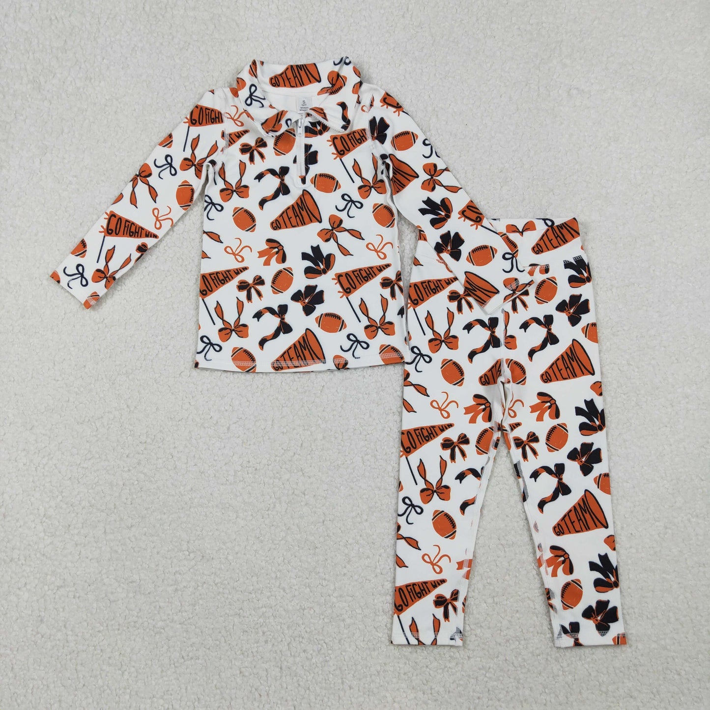 GLP2760 Baby Girls Black Orange Bows Footballs Zipper Pullovers Legging Pants Team Yoga Active Clothes Set