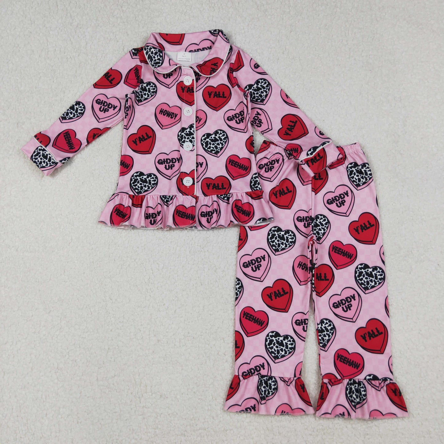 GLP2843 Baby Girls Cow Print Hearts Plaid Button Top Ruffle Pants Valentine Pajamas Sets
