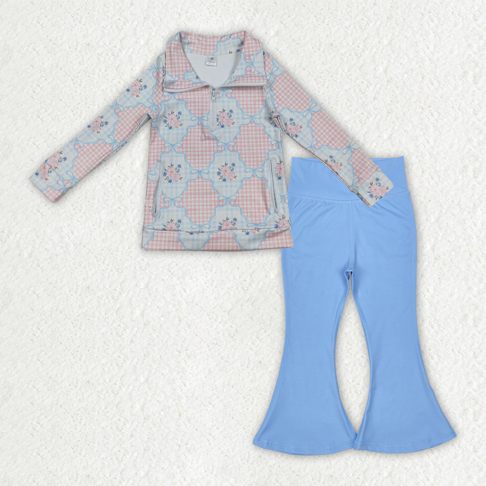 GLP2899 Baby Girls Flowers Checked Zipper Jacket Blue Bell Bottom Pants Yoga Active Clothes Sets