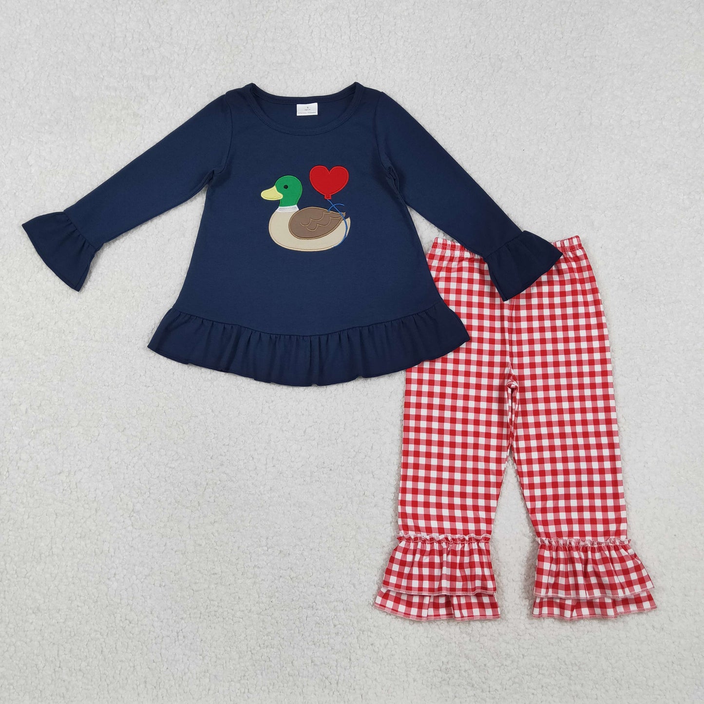 GLP2912 Baby Girls Embroidery Hearts Ducks Tunic Checked Ruffle Pants Valentine Clothes Sets