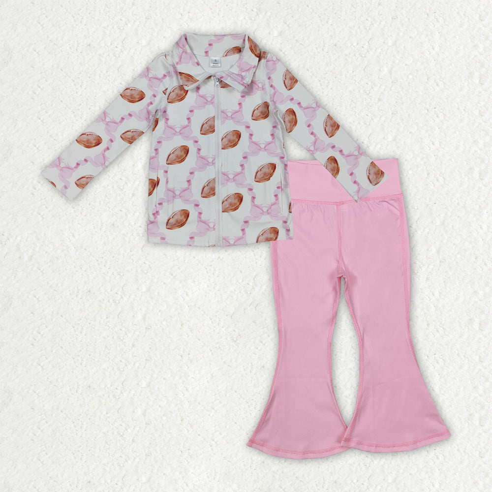 GLP2969 Baby Girls Pink Bows Football Zipper Jacket Bell Bottom Pants Yoga Active Clothes Sets