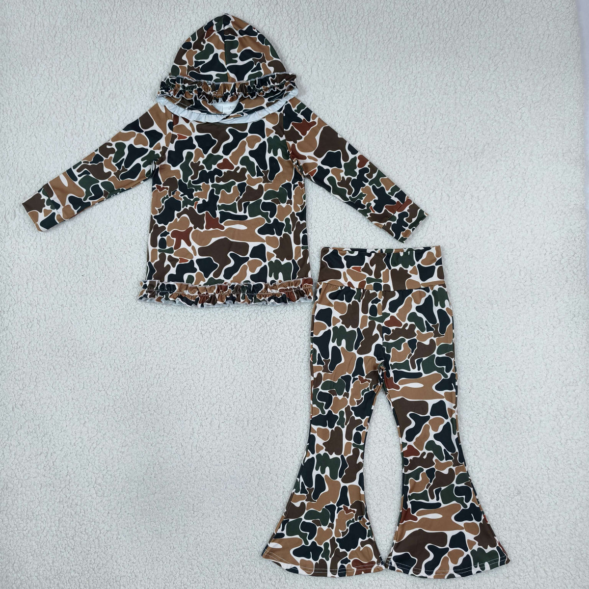 GLP3078 Baby Girls Long Sleeve Dark Brown Ruffle Hoodie Top Bell Bottom Clothes Set